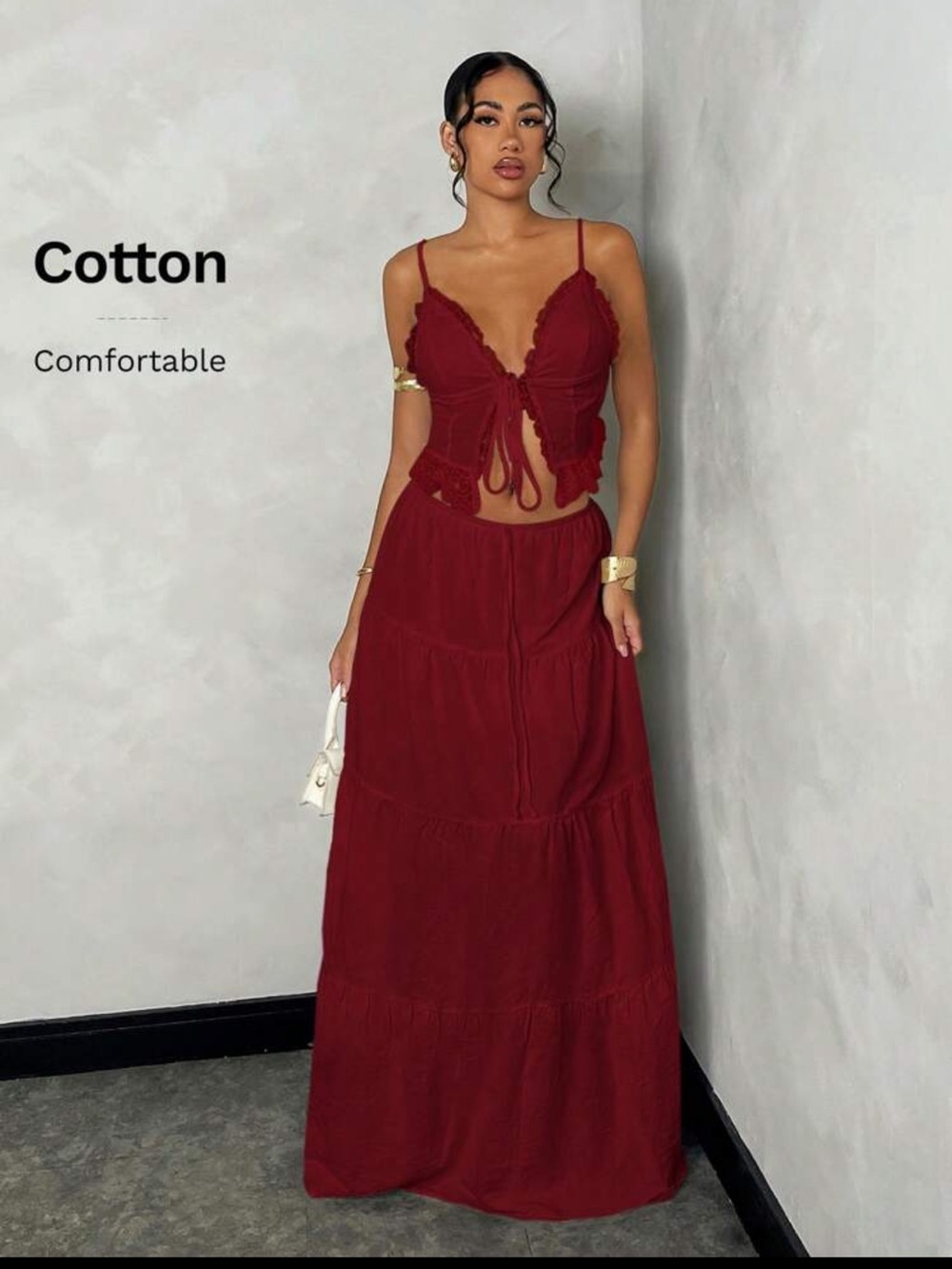 SHEIN Burgundy Two-Piece Cotton Maxi Set